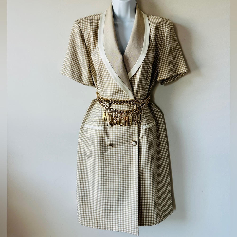 Vintage Tan & Cream Trim Double Breasted Blazer Style Dress Size 12 - Picture 3 of 10